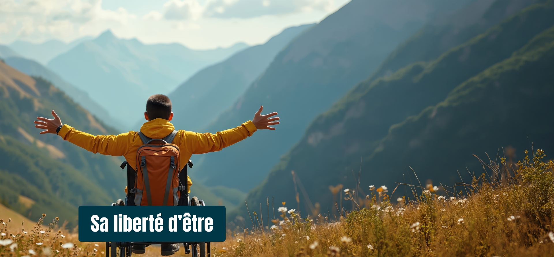 Homme sur un fauteuil roulant de dos, qui regarde vers les montagnes et vers son avenir