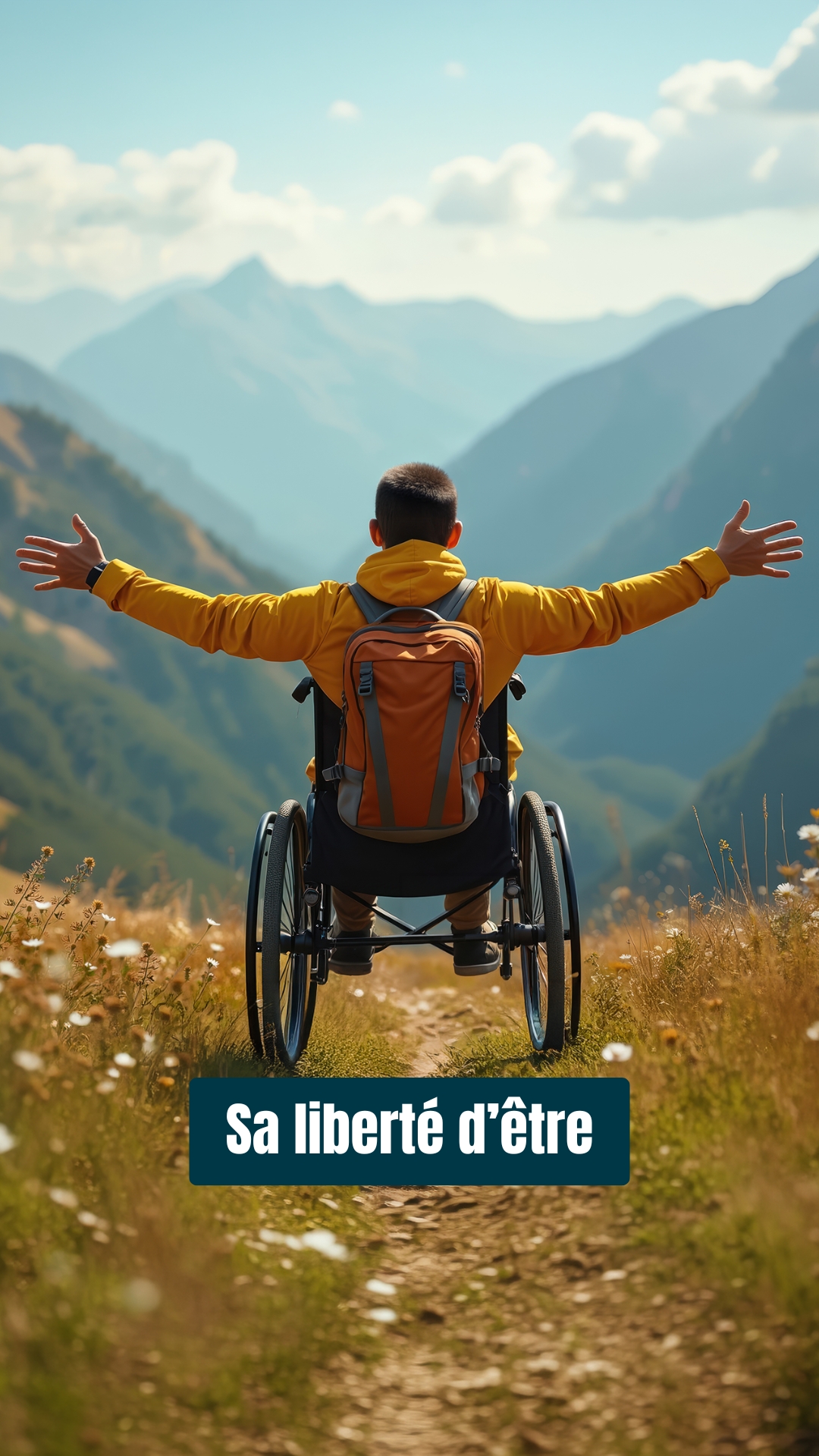 Homme sur un fauteuil roulant de dos, qui regarde vers les montagnes et vers son avenir