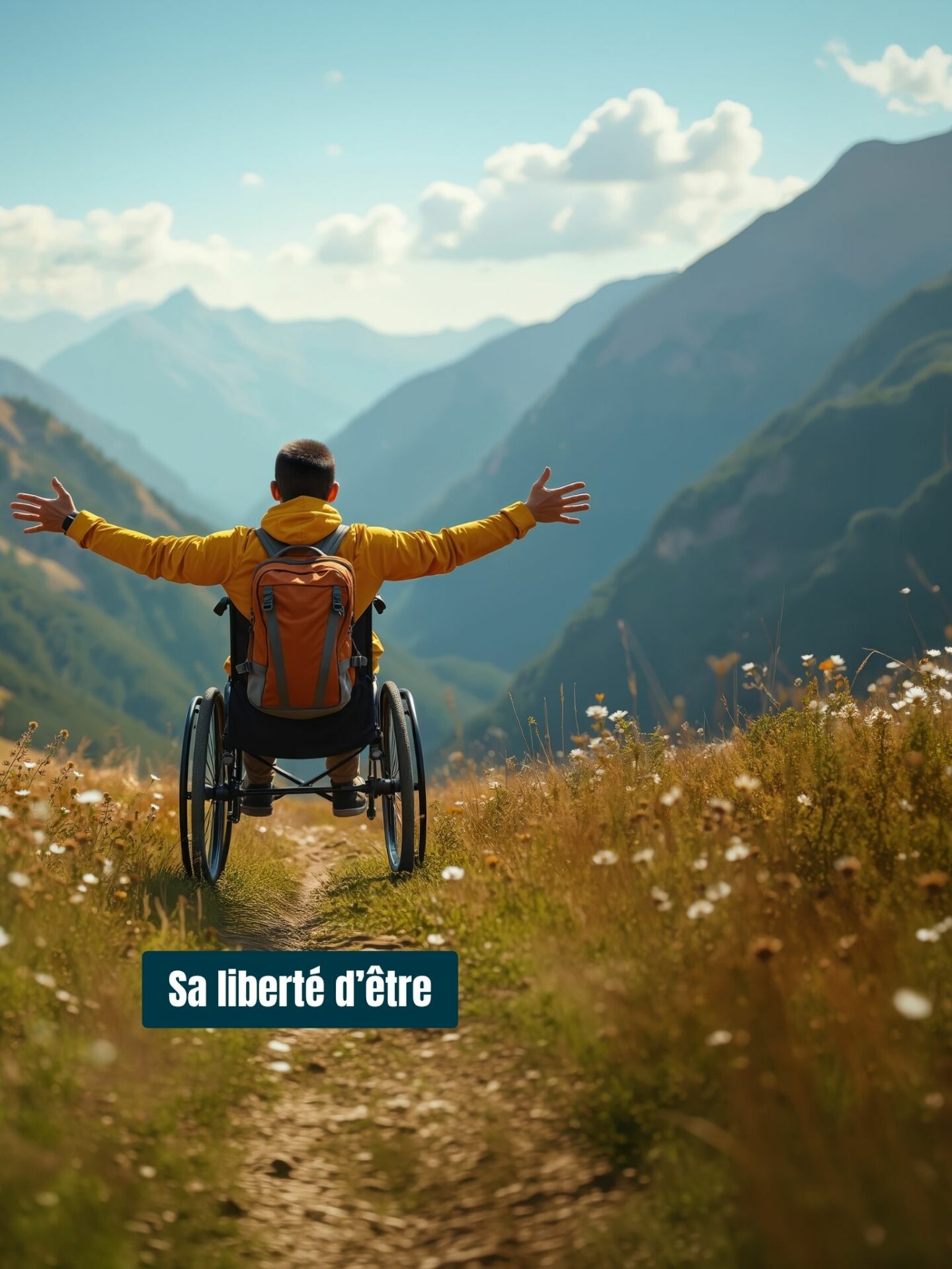 Homme sur un fauteuil roulant de dos, qui regarde vers les montagnes et vers son avenir